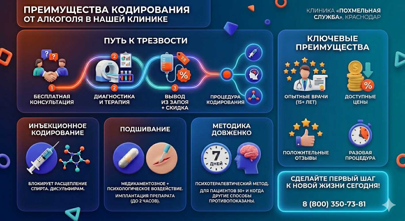 Инфографика о методах кодирования от алкоголя в Кавалерово: инъекции, подшивание, метод Довженко. Преимущества клиники и этапы лечения.