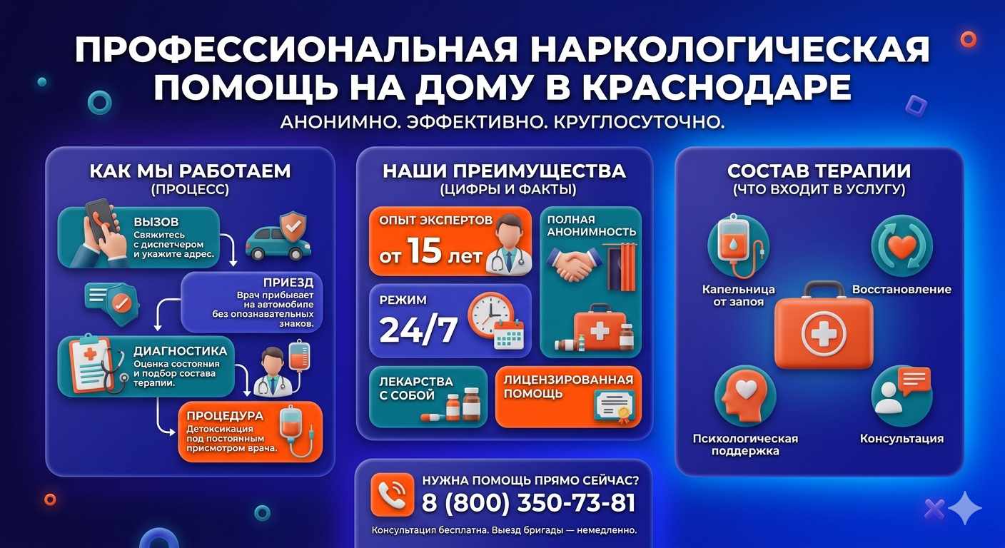 Инфографика о принципах лечения алкоголизма на дому в Кавалерово: этапы вызова нарколога, преимущества анонимной детоксикации и состав медицинской помощи.